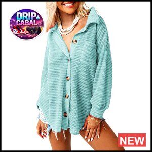 Waffle Knit Shacket Jacket Long Sleeve Button Down Blouse Loose Fit Boyfriend